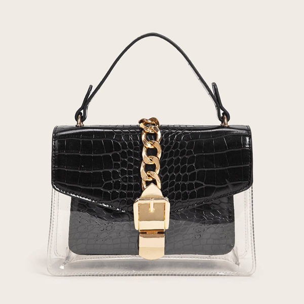 

Croc Embossed Chain Decor Flap Satchel Bag, Black