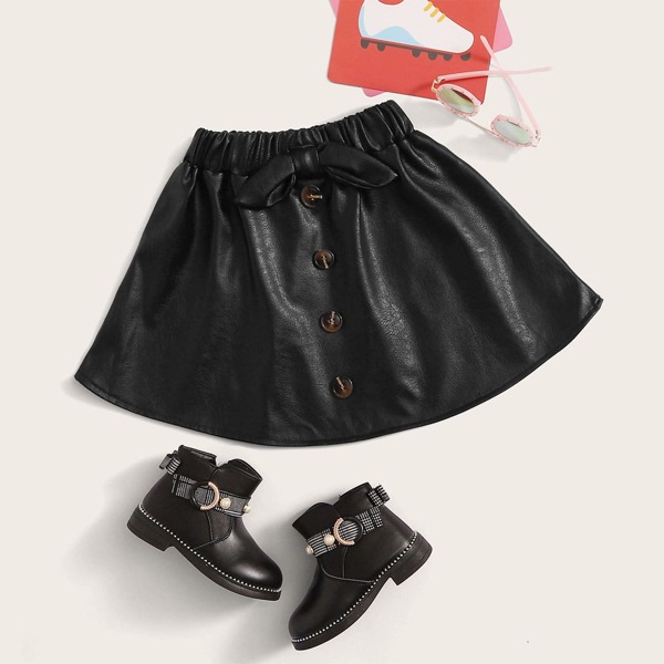 

Toddler Girls Button Front PU Leather Skirt, Black