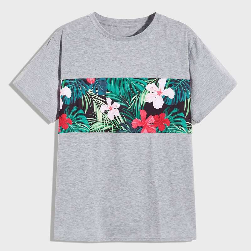 

Guys Tropical Print Crew Neck Tee, Grey