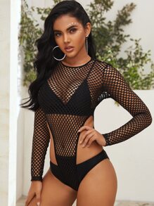 SHEIN Cutout Detail Fishnet Mesh Bodysuit Without Bra - Black - View 5