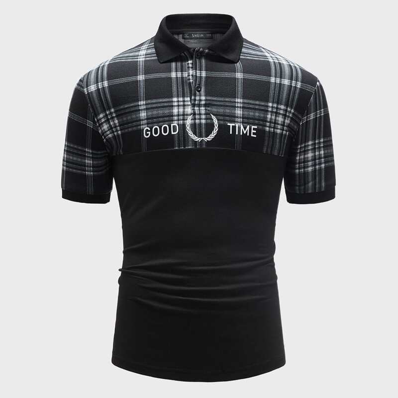 

Guys Slogan Graphic Plaid Panel Polo Shirt, Black