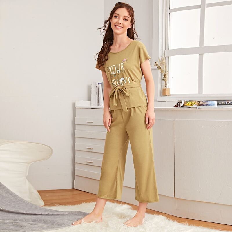 

Letter Graphic Belted PJ Set, Khaki