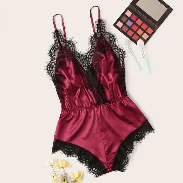 

Lace Trim Satin Romper Bodysuit, Burgundy