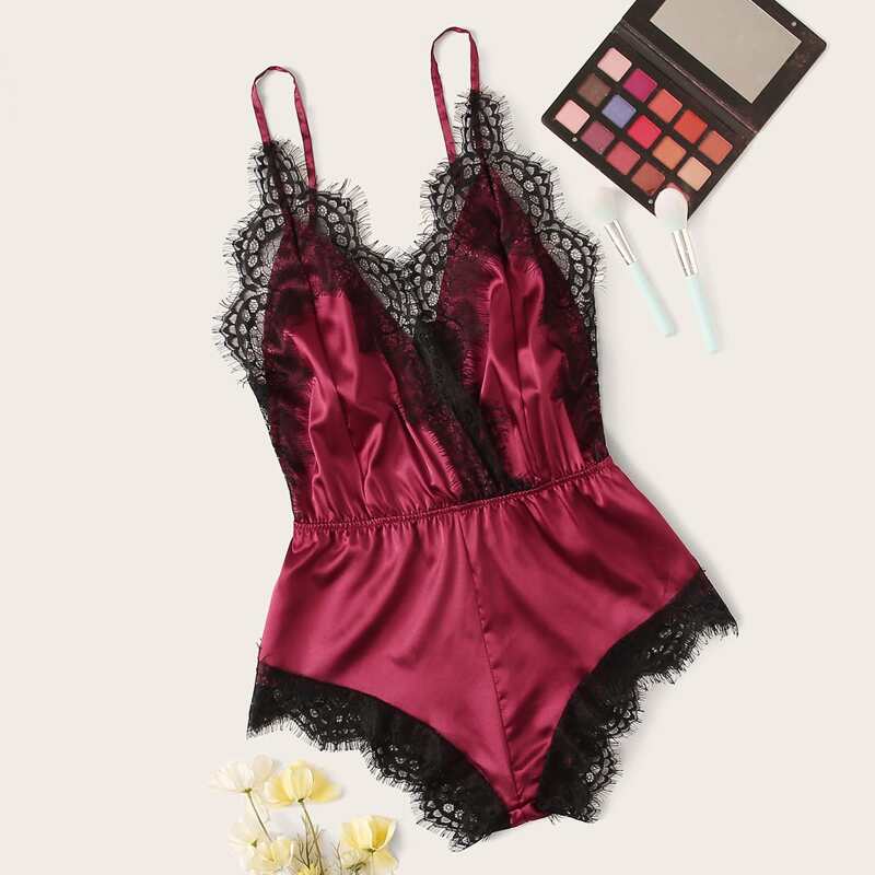 

Lace Trim Satin Romper Bodysuit, Burgundy