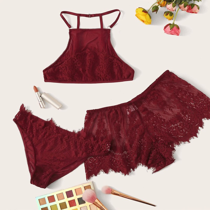 

3pack Floral Lace Lingerie Set & Shortie, Burgundy