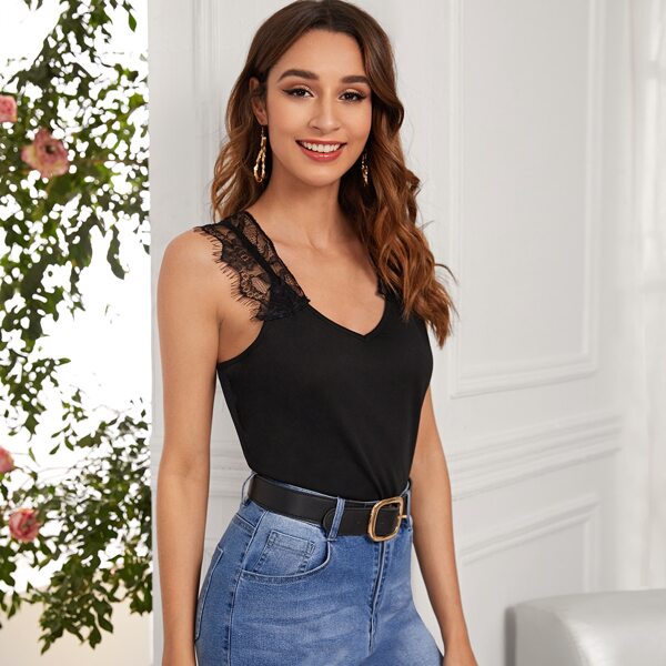 

Solid Contrast Lace Tank Top, Black