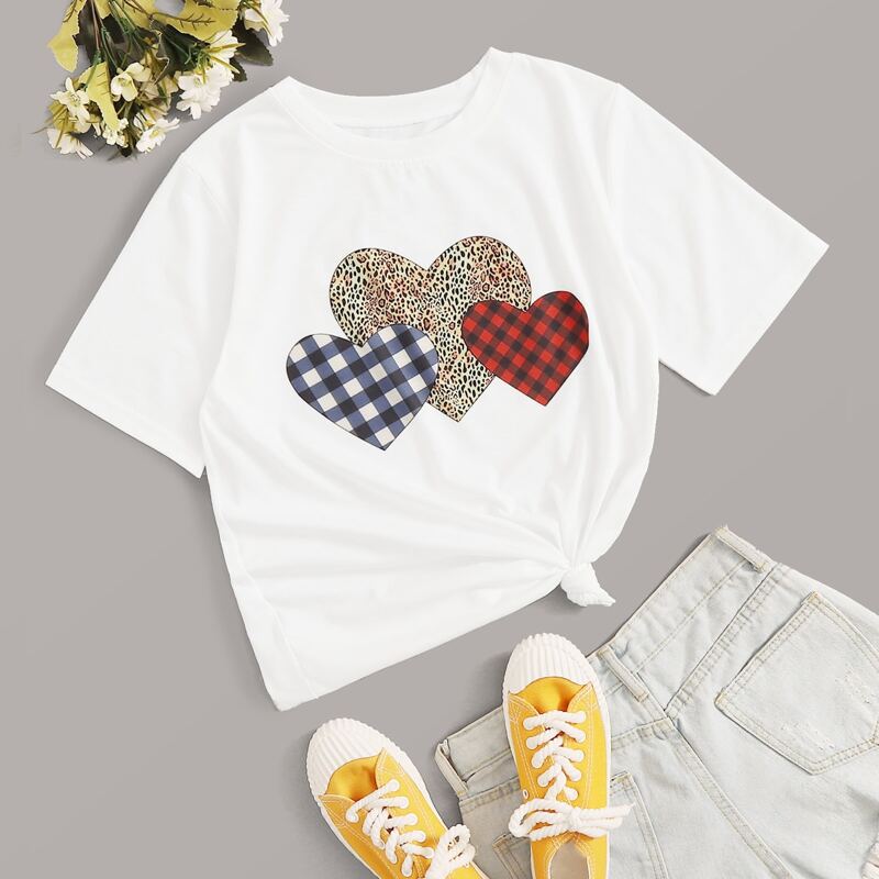

Gingham & Cheetah Print Heart Pattern Tee, White