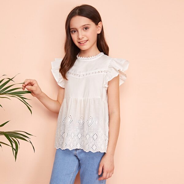 

Girls Guipure Lace Trim Eyelet Embroidery Smock Top, White