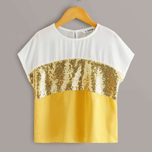 

Girls Sequin Panel Colorblock Top, Yellow