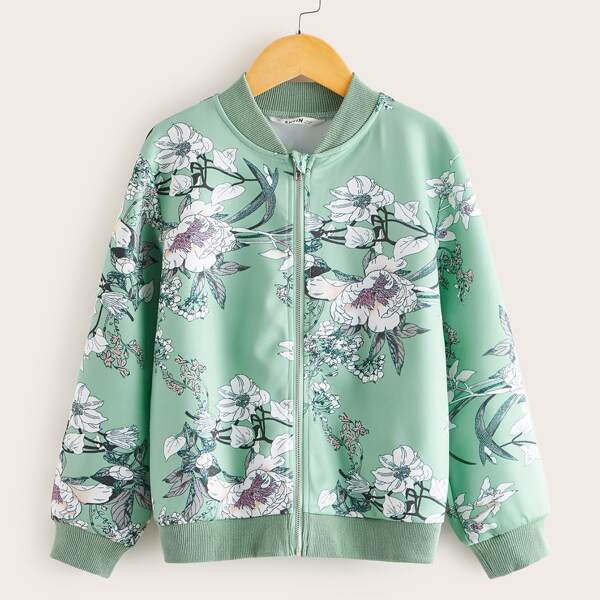 

Girls Zip Up Floral Print Bomber Jacket, Green
