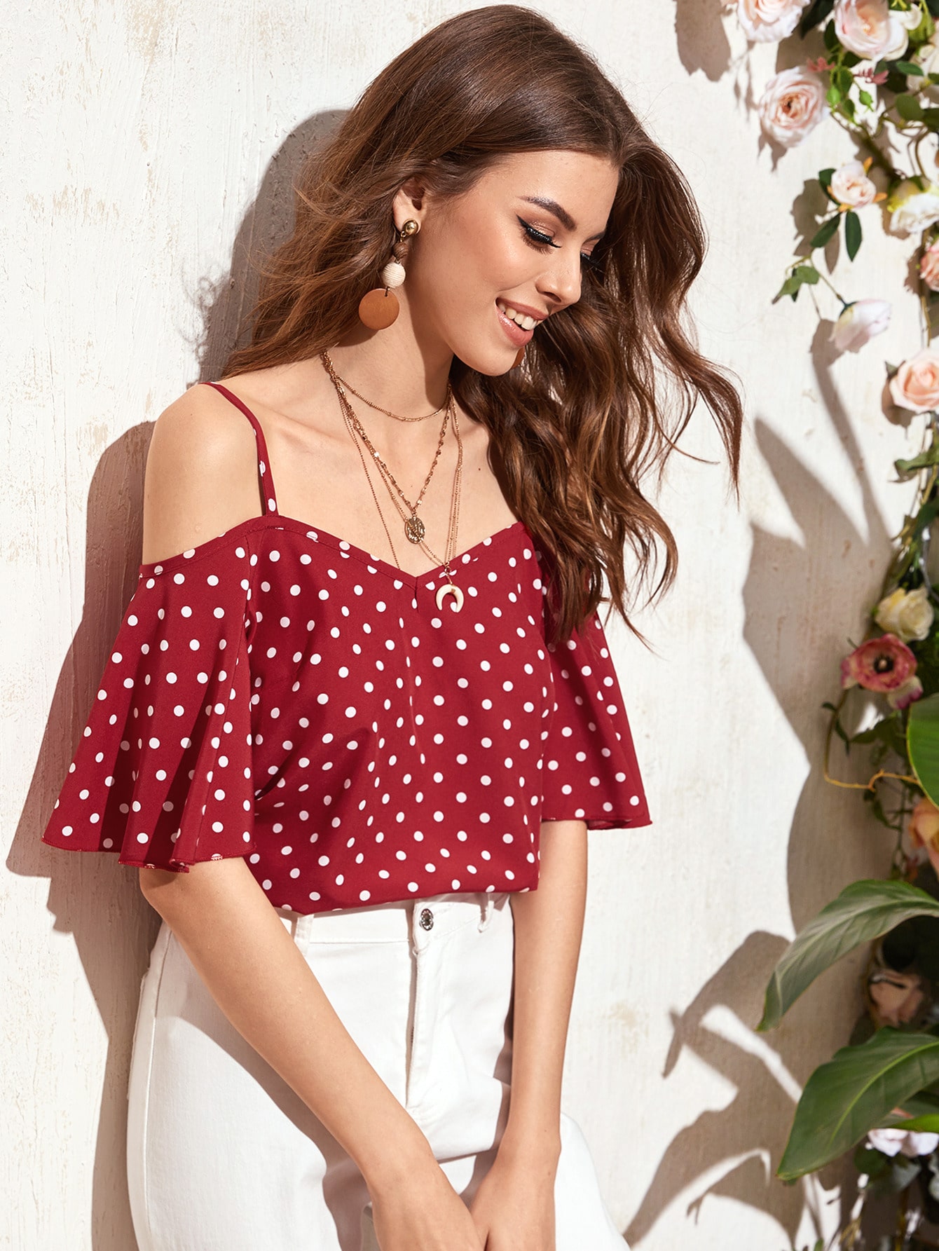 cold shoulder polka dot top