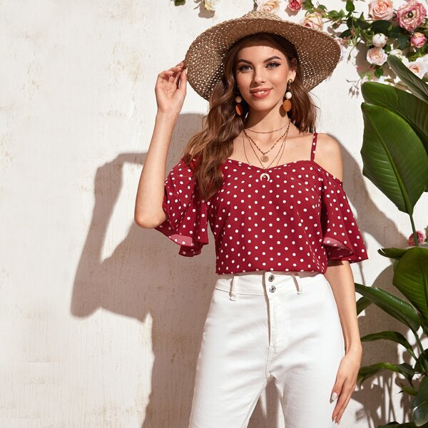 

Polka Dot Cold Shoulder Blouse, Burgundy