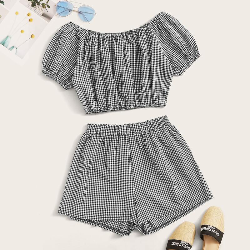 

Gingham Off Shoulder Top With Shorts, Black and white