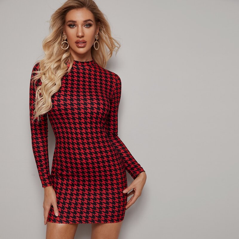

Mock Neck Houndstooth Bodycon Dress, Red
