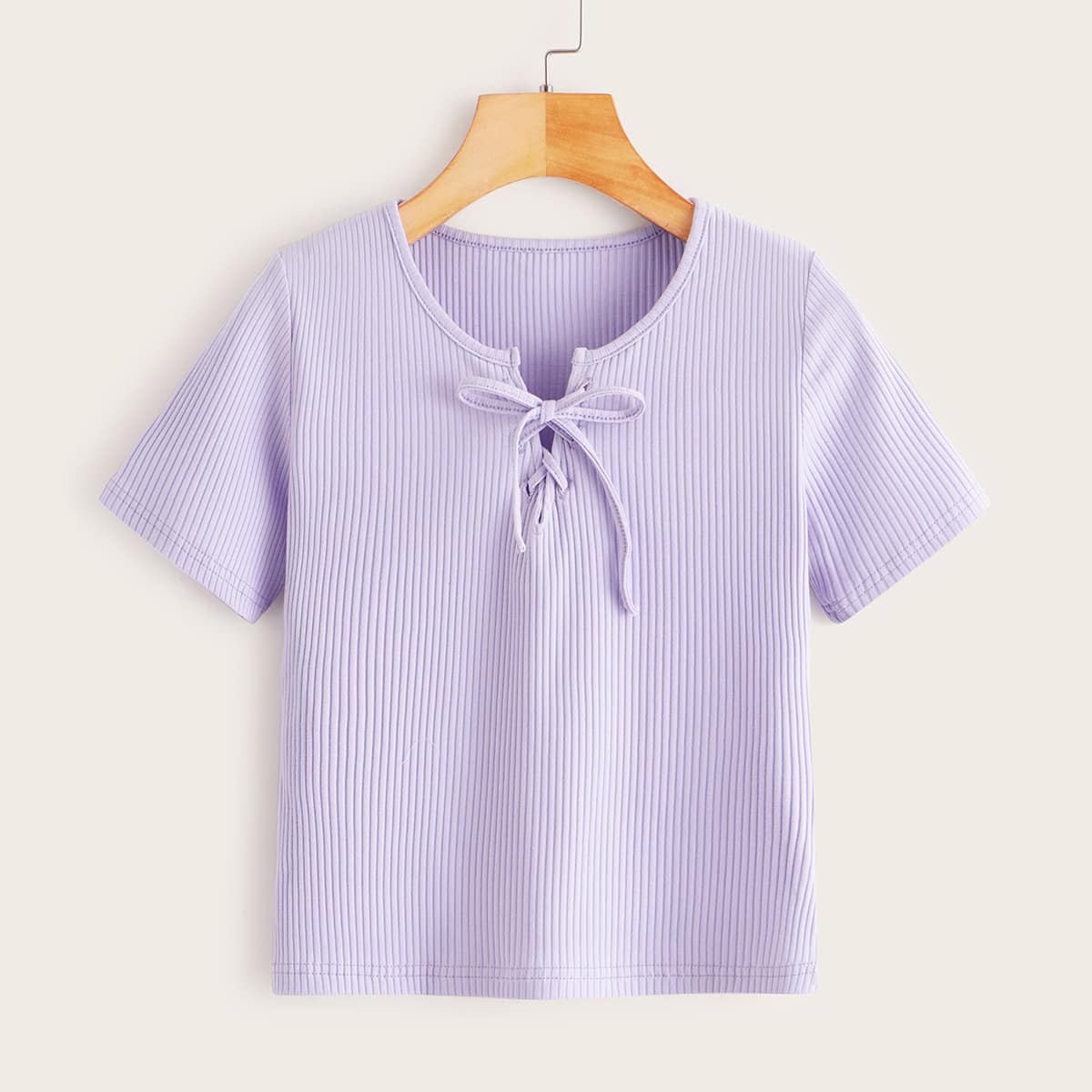 

Lace Up Neck Purple Crop Tee, Purple pastel