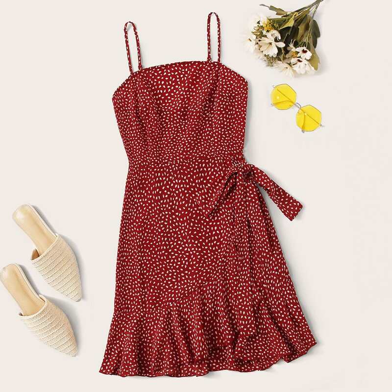 

All-over Print Ruffle Hem Wrap Knot Slip Dress, Burgundy