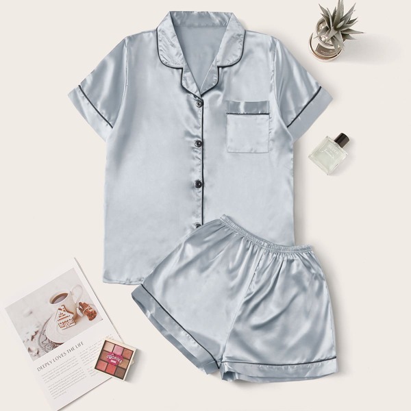 

Contrast Binding Pocket Front Satin PJ Set, Grey