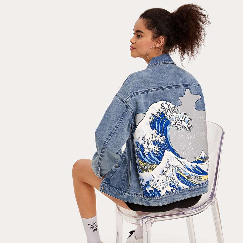 

Landscape Print Ripped Denim Trucker Jacket, Blue