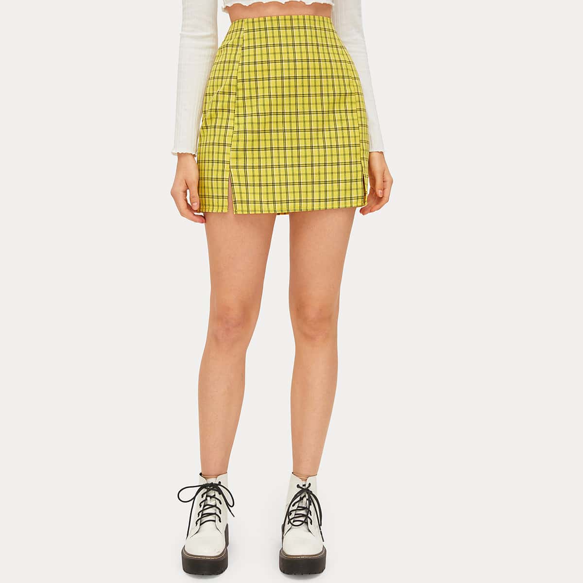 

Plaid Slit Hem Mini Skirt, Yellow