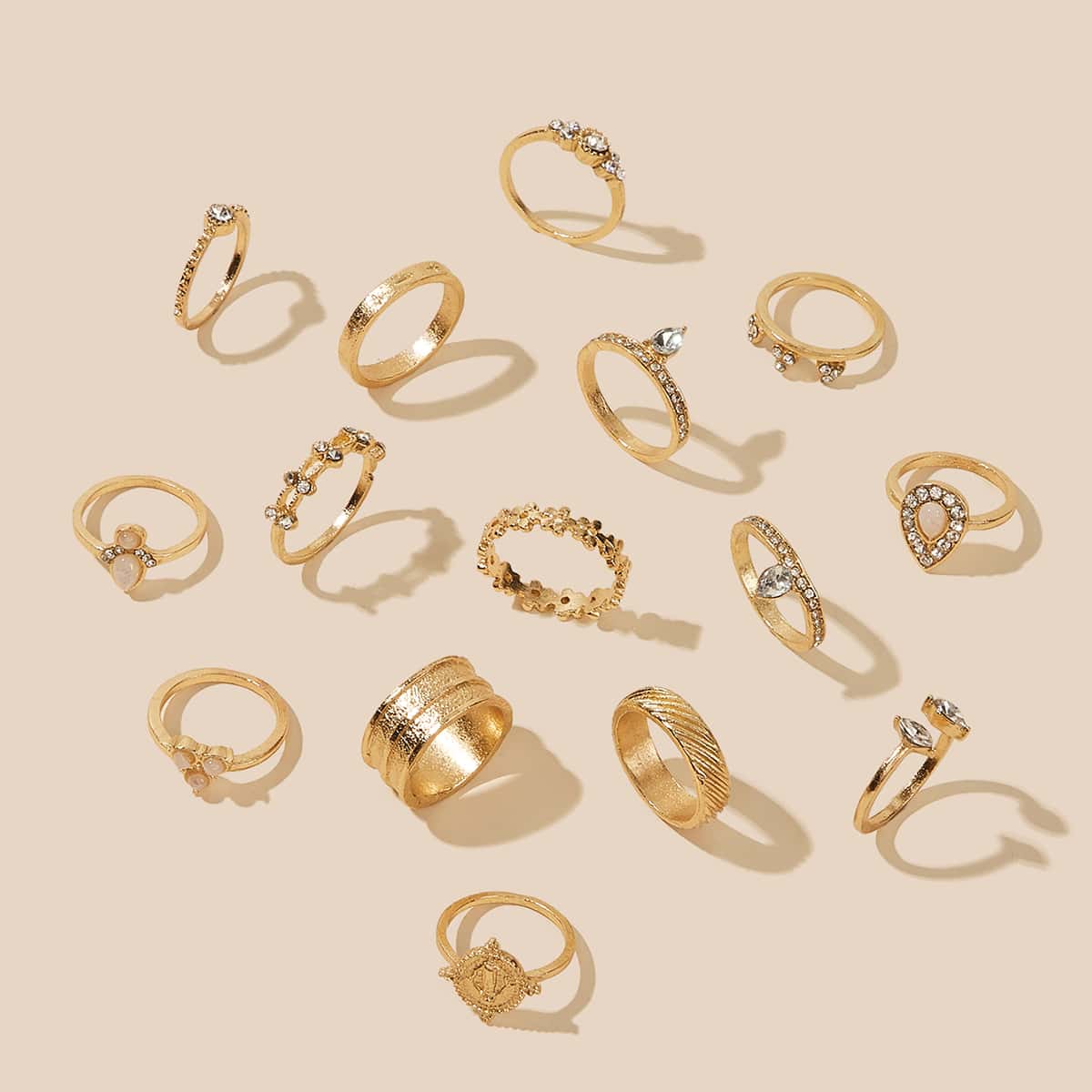 

15pcs Rhinestone Decor Ring Set, Gold