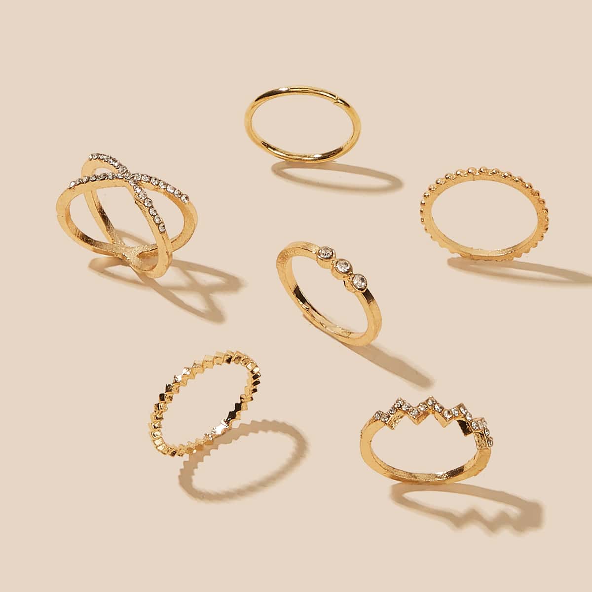 

6pcs Rhinestone Engraved Crisscross Ring Set, Gold