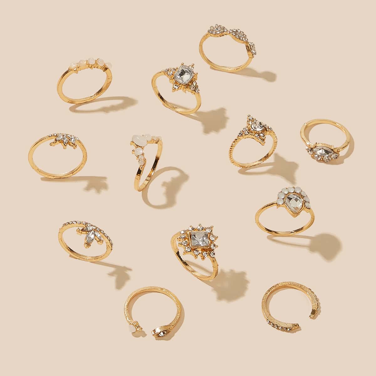 

12pcs Rhinestone Engraved Ring Set, Gold