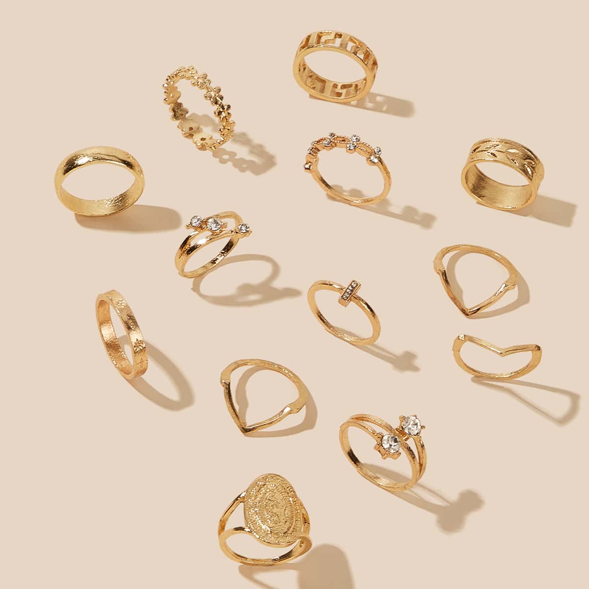 

13pcs Coin Rhinestone Ring Set, Gold