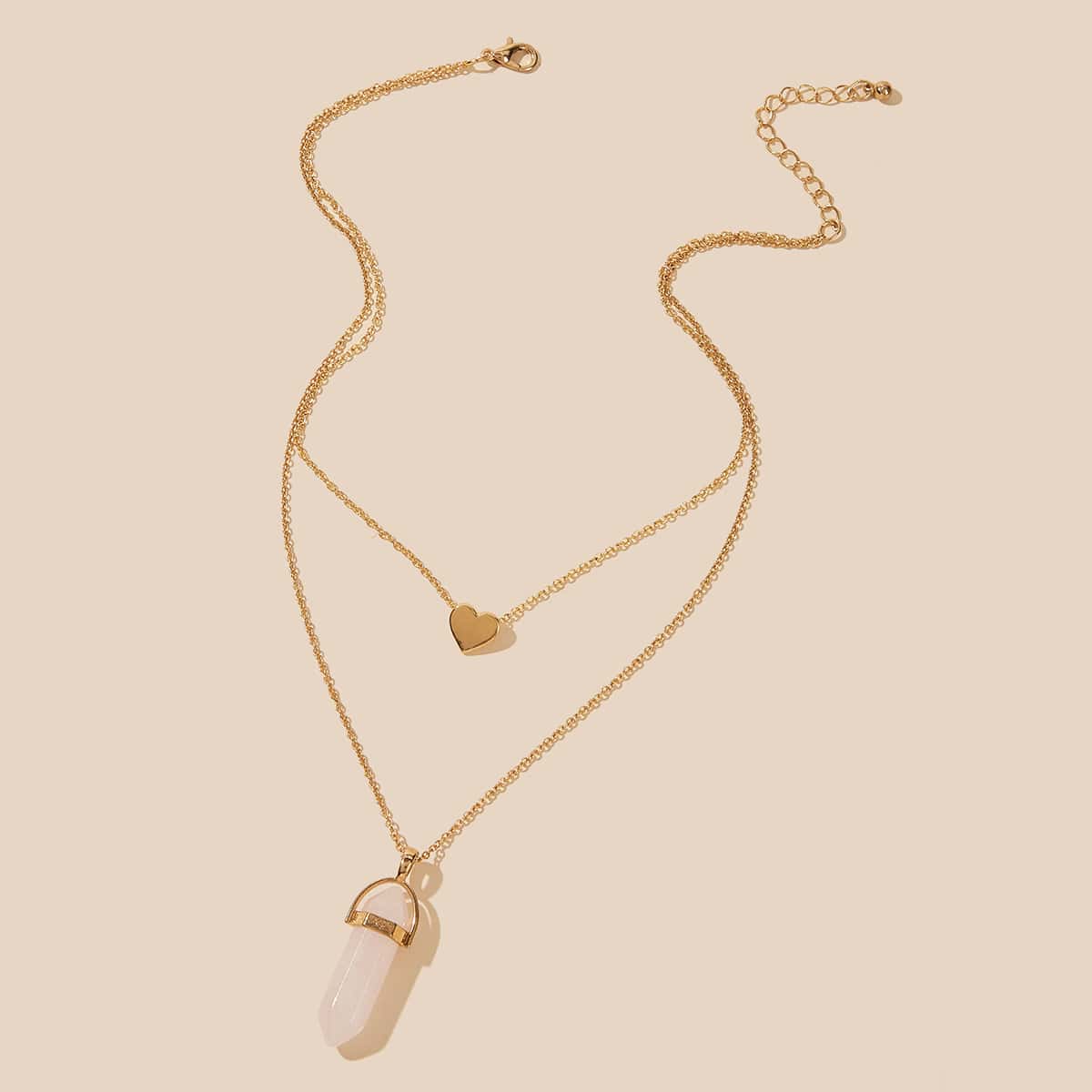

1pc Crystal & Heart Charm Layered Necklace, Gold