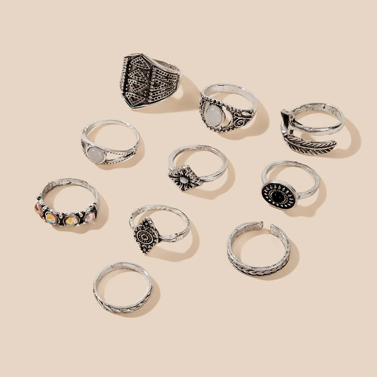 

10pcs Gemstone Flower Ring Set, Silver