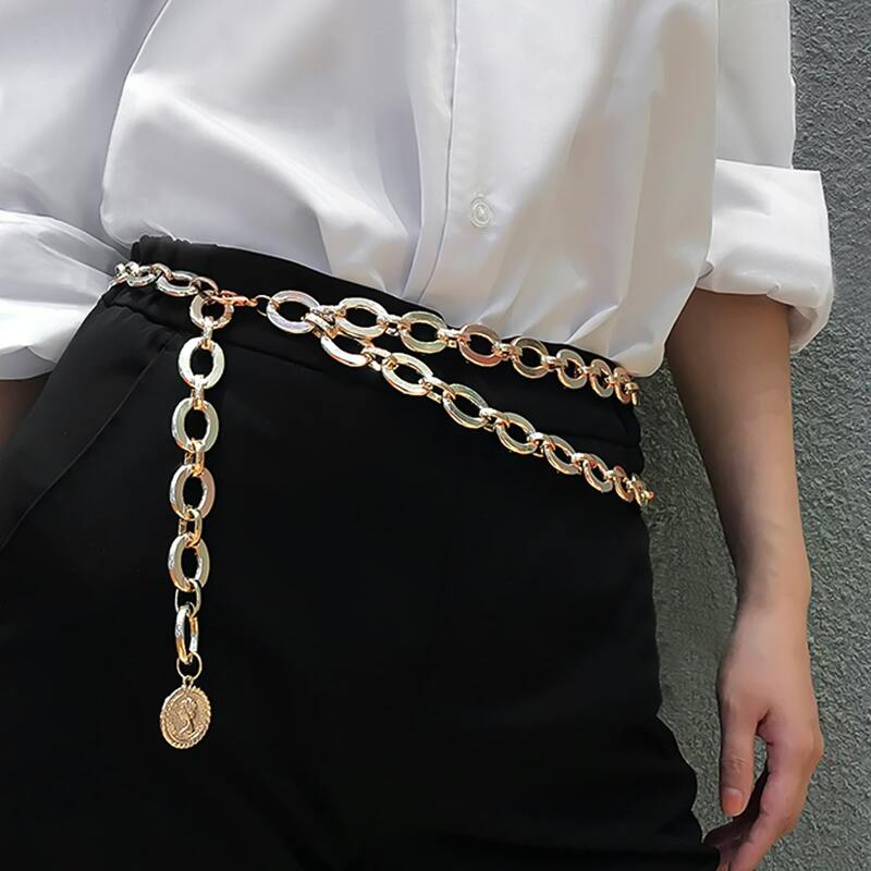 

Coin Charm Layered Chain Belt, Gold