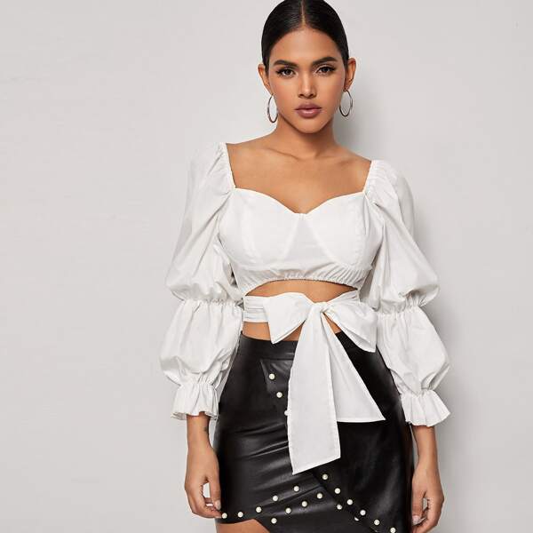 

Tie Front Gathered Sleeve Bustier Milkmaid Top, White