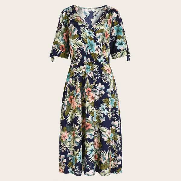 

Surplice Neck Knot Sleeve Floral Print Blouson Dress, Multicolor