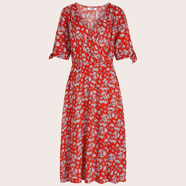 

Surplice Neck Knot Sleeve Floral Print Blouson Dress, Multicolor