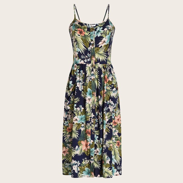 

Tropical Print Button Front Shirred Back Cami Dress, Multicolor
