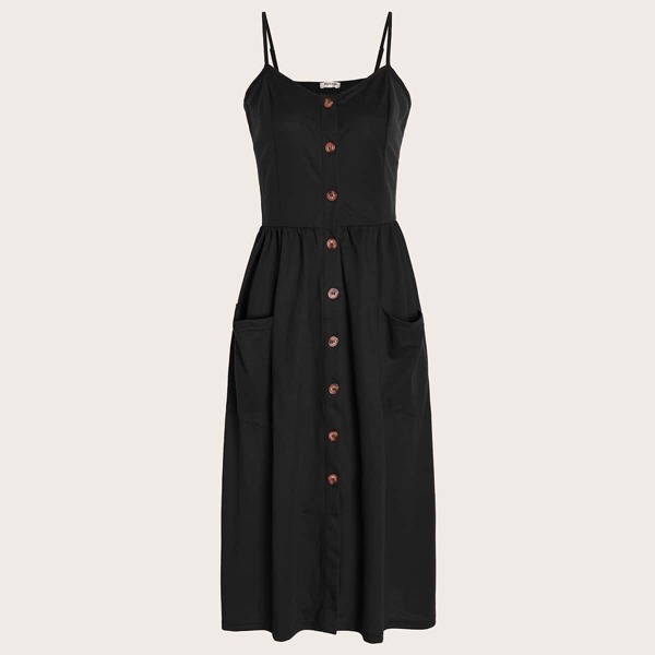 

Pocket Front Button Up Shirred Back Cami Dress, Black