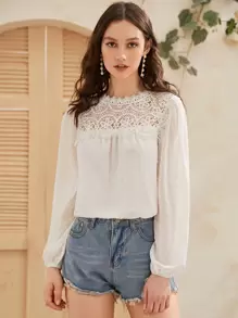 Guipure Lace Yoke Swiss Dot Top - White - View 1