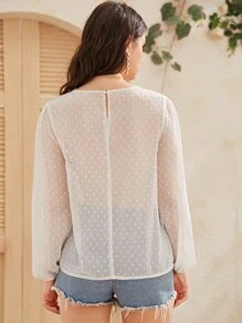 Guipure Lace Yoke Swiss Dot Top - White - View 2