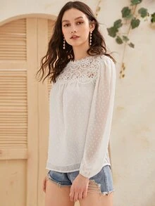 Guipure Lace Yoke Swiss Dot Top - White - View 3