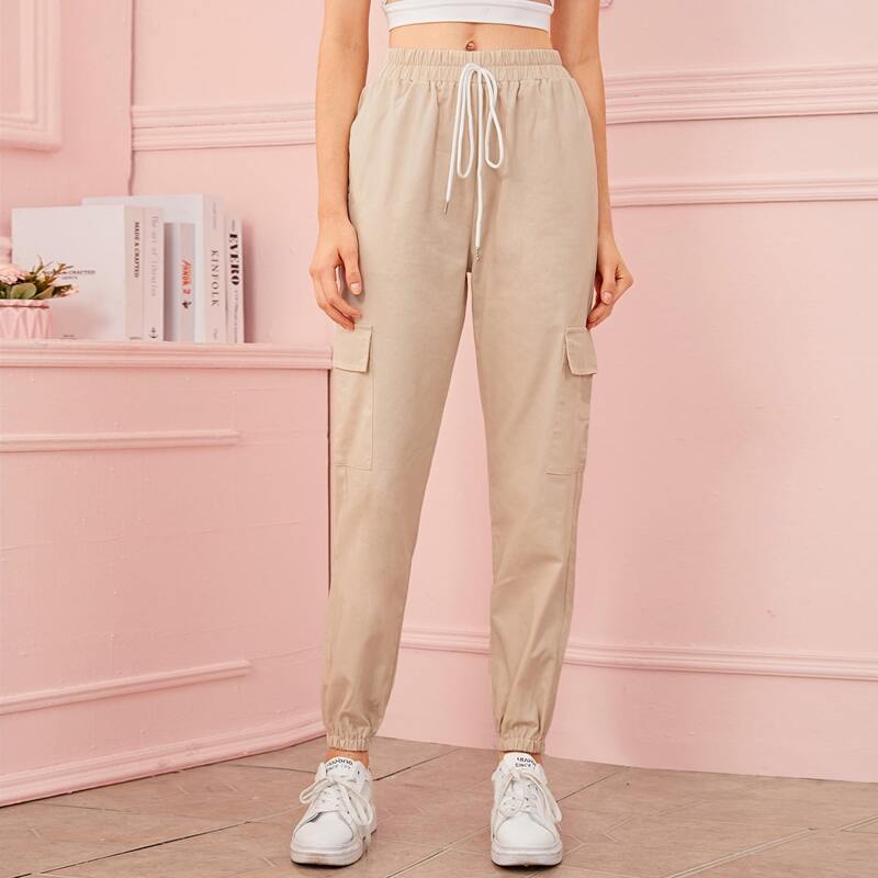 

Drawstring Waist Khaki Cargo Pants