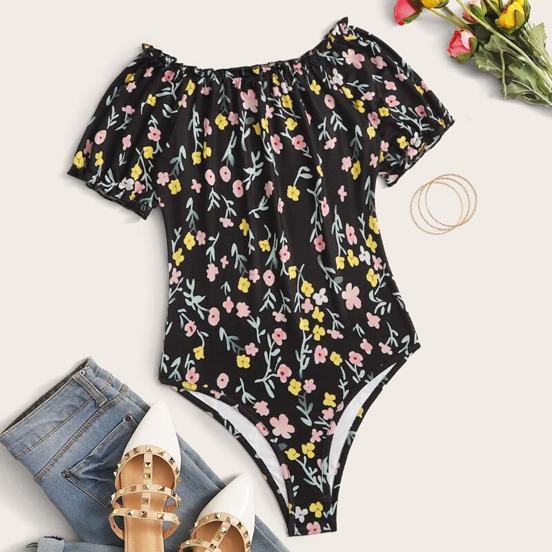 

Floral Frill Trim Bodysuit, Black