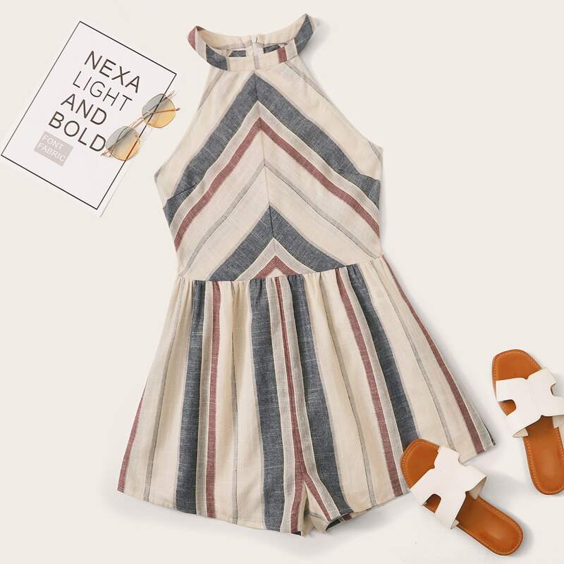 

Striped Zip-Up Halter Romper, Multicolor