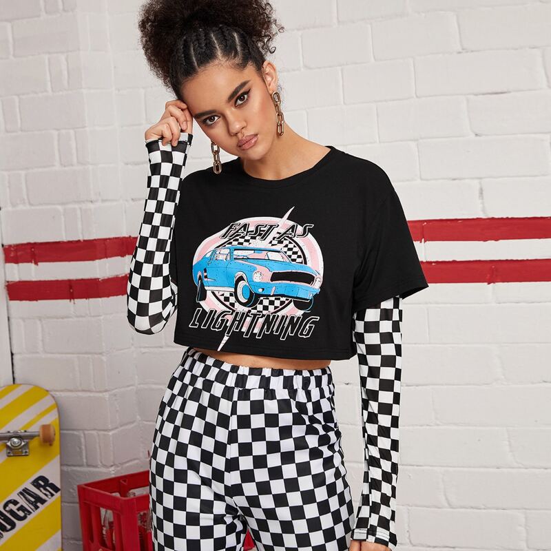 

2 In 1 Checkered Sleeve Car Graphic Crop Tee, Black and white