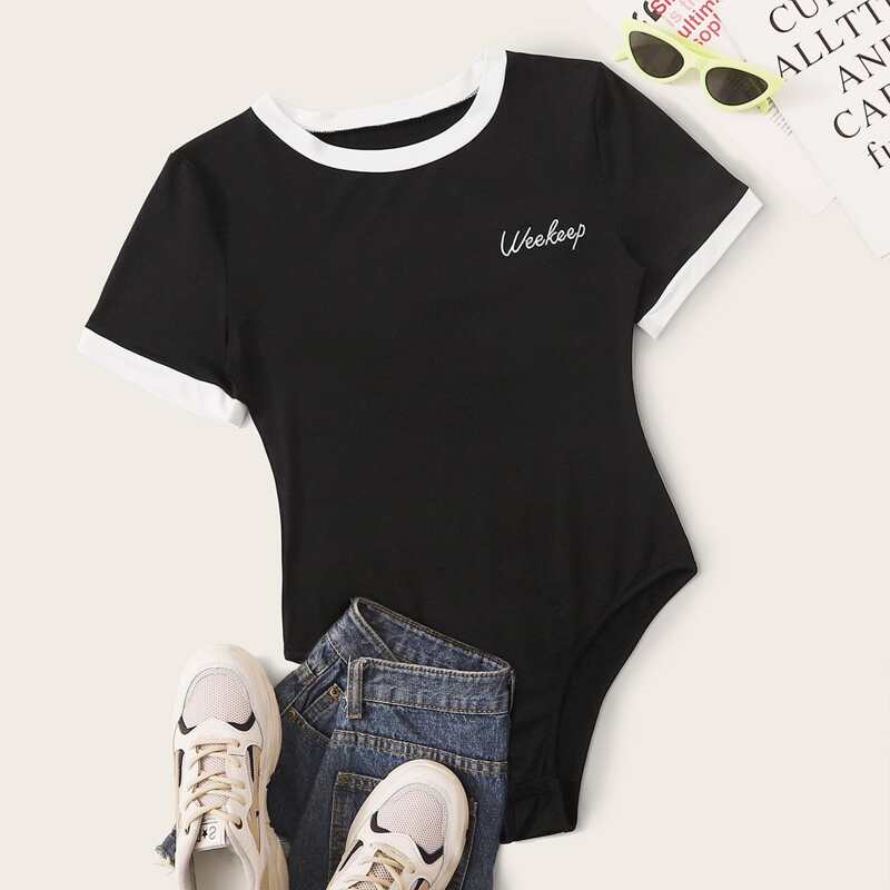 

Contrast Binding Letter Graphic Tee Bodysuit, Black