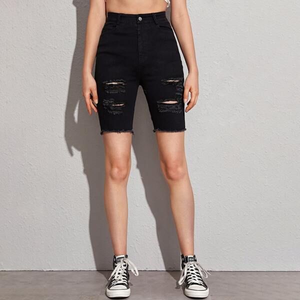 

Ripped Raw Hem Skinny Denim Shorts, Black