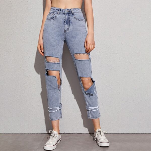 

Light Wash Ripped Lace Up Detail Jeans, Blue pastel