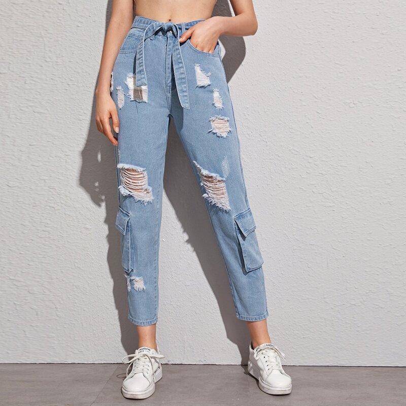 

Flap Pocket Ripped Belted Jeans, Blue pastel