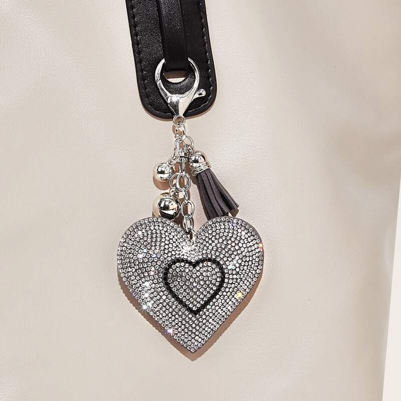 

Rhinestone Decor Heart Charm Bag Accessory, Silver