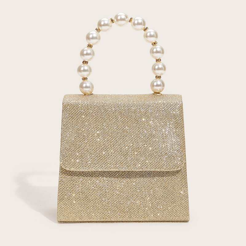 

Pearl Decor Glitter Flap Clutch Bag, Gold