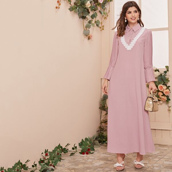 

Floral Applique Half Button Pleated Sleeve Dress, Pink