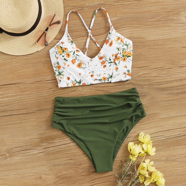 

Floral Random Print Lace Up Back Bikini Swimsuit, Multicolor